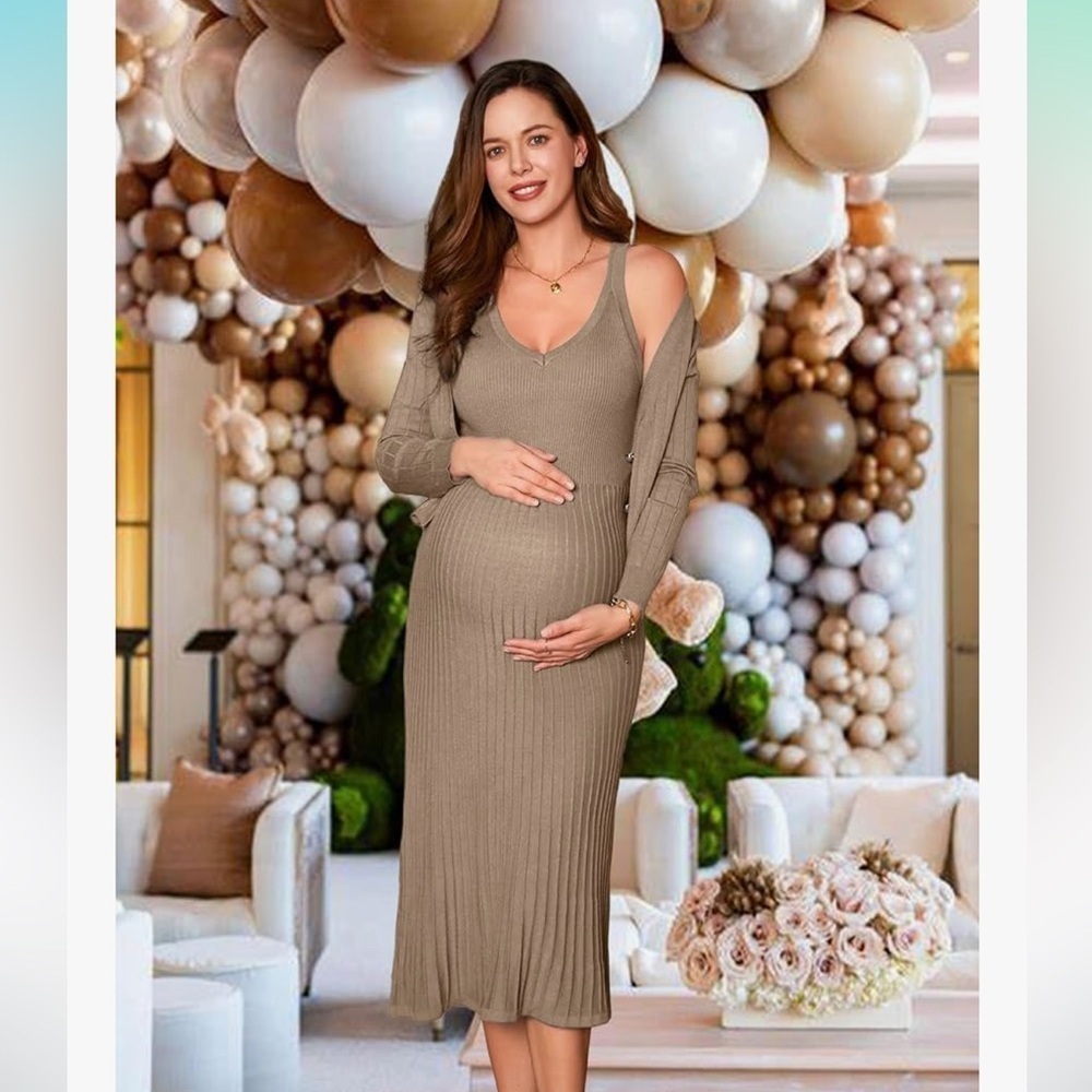 NWT Maternity Dress Midi Bodycon Pleated A-Line w/matching Cropped Cardigan - Picture 2 of 6